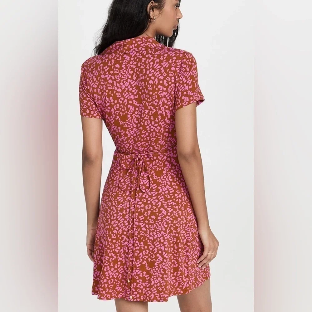 Free People Size Medium Pink Marsaille Mini Dress Leopard Print Wrap Front Tie